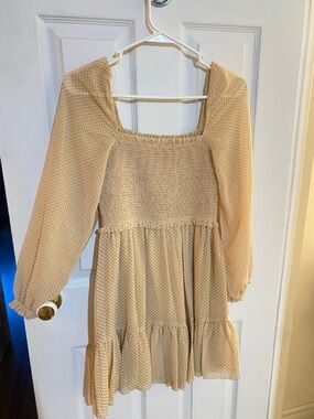 Smocked Square-Neck Dot Print Mini Dress - Cream